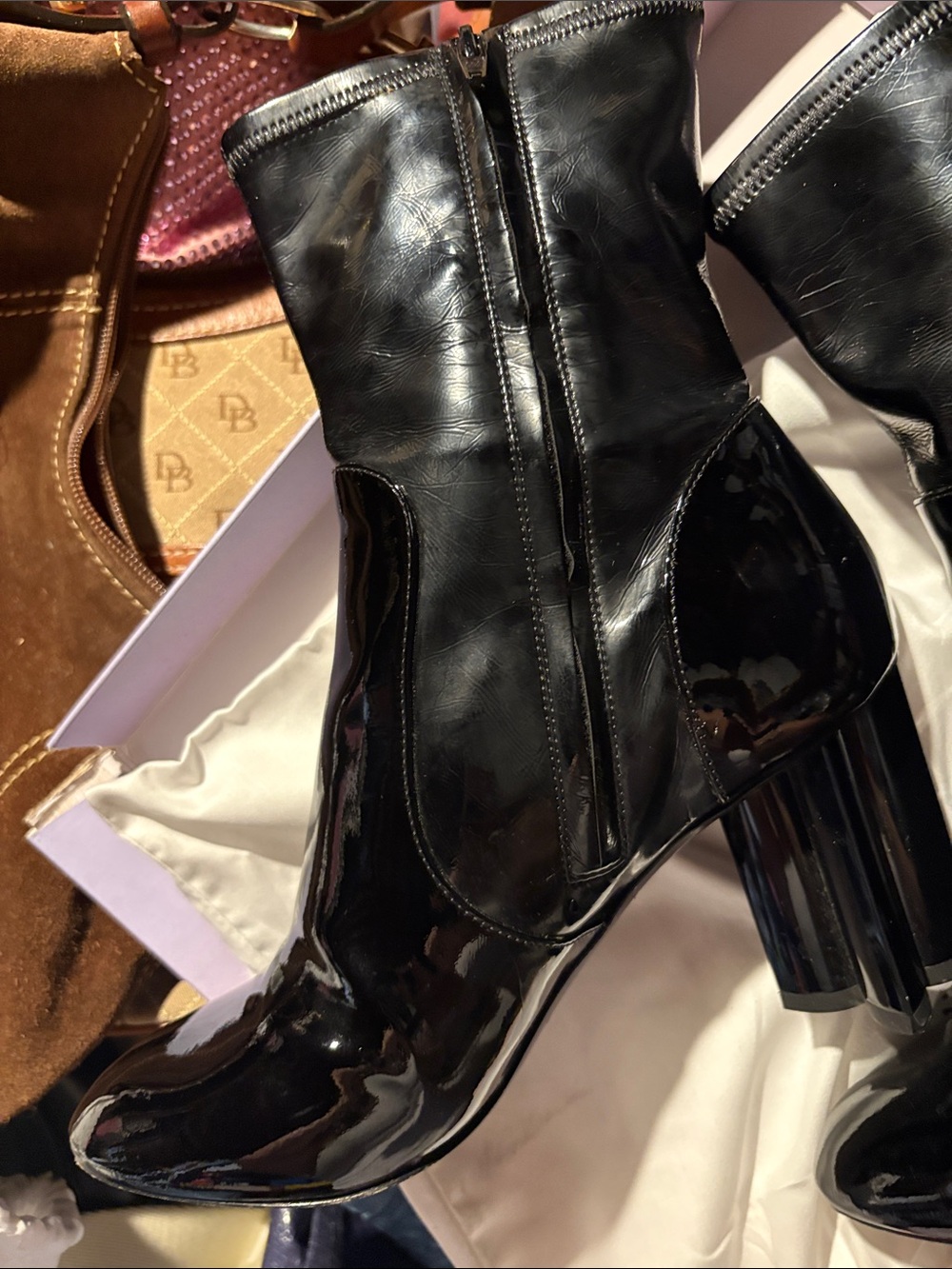 Black Patent Mid-Calf Block Heel Boots - Picture 4 of 13